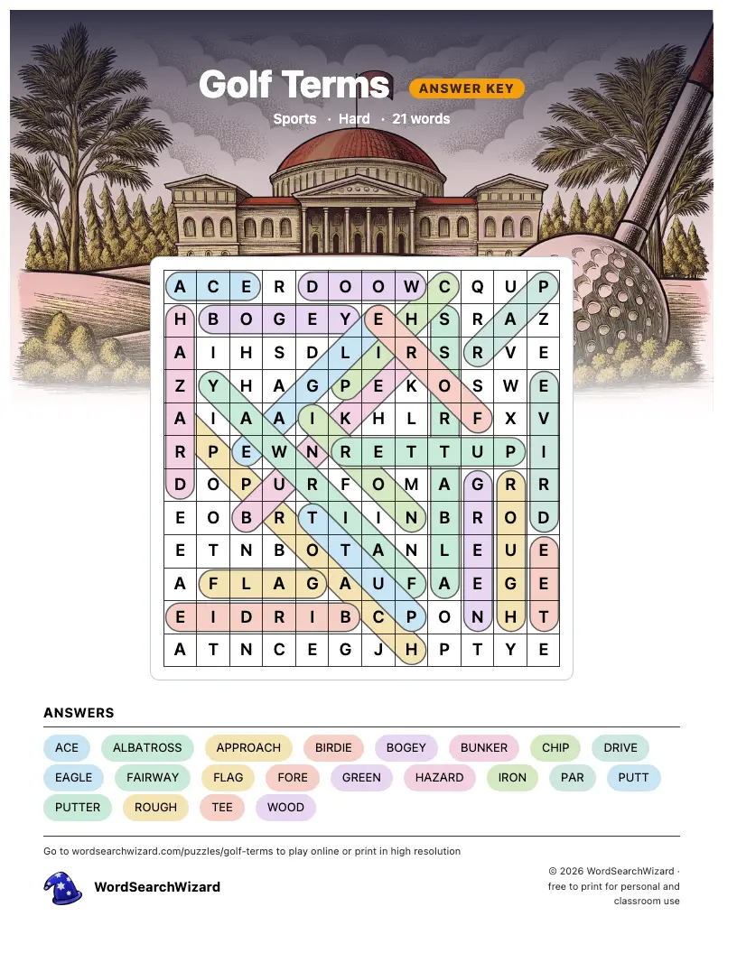 Golf Terms word search answer key, all 21 words marked