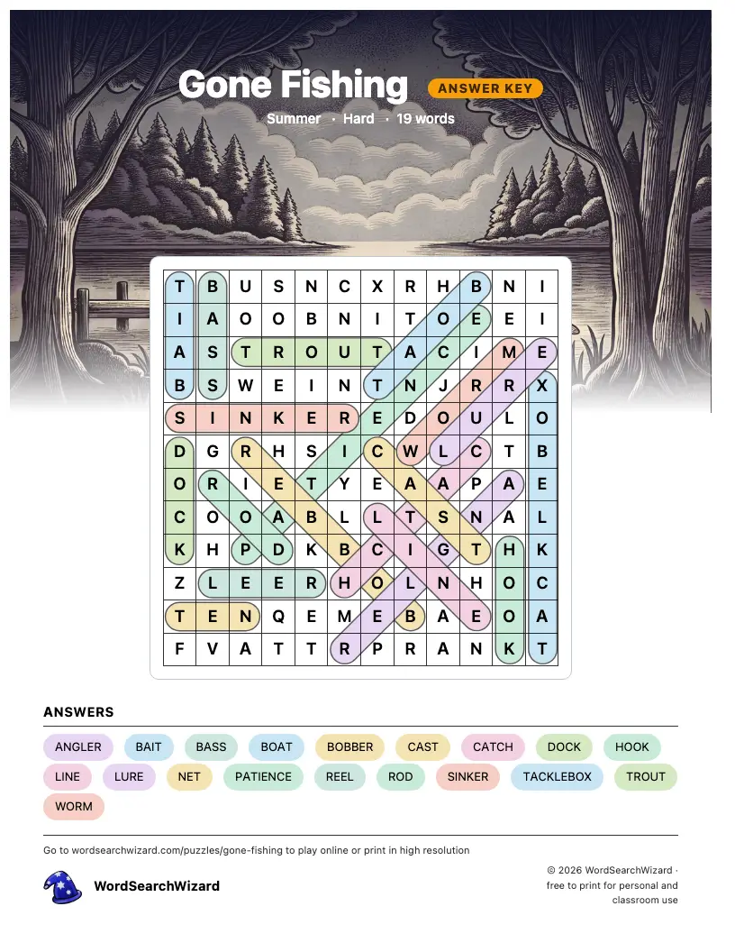 Gone Fishing word search answer key, all 19 words marked