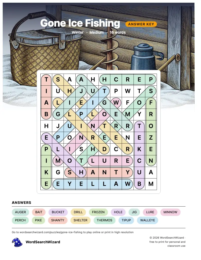 Gone Ice Fishing word search answer key, all 16 words marked
