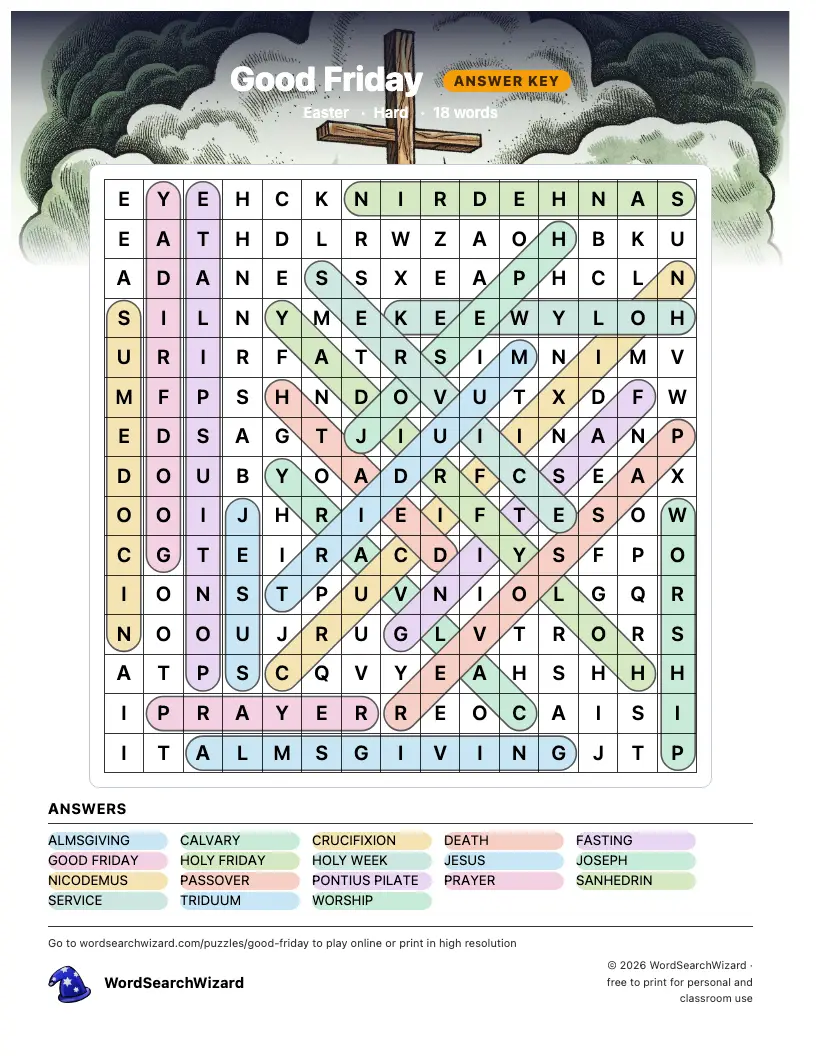 Good Friday word search answer key, all 18 words marked