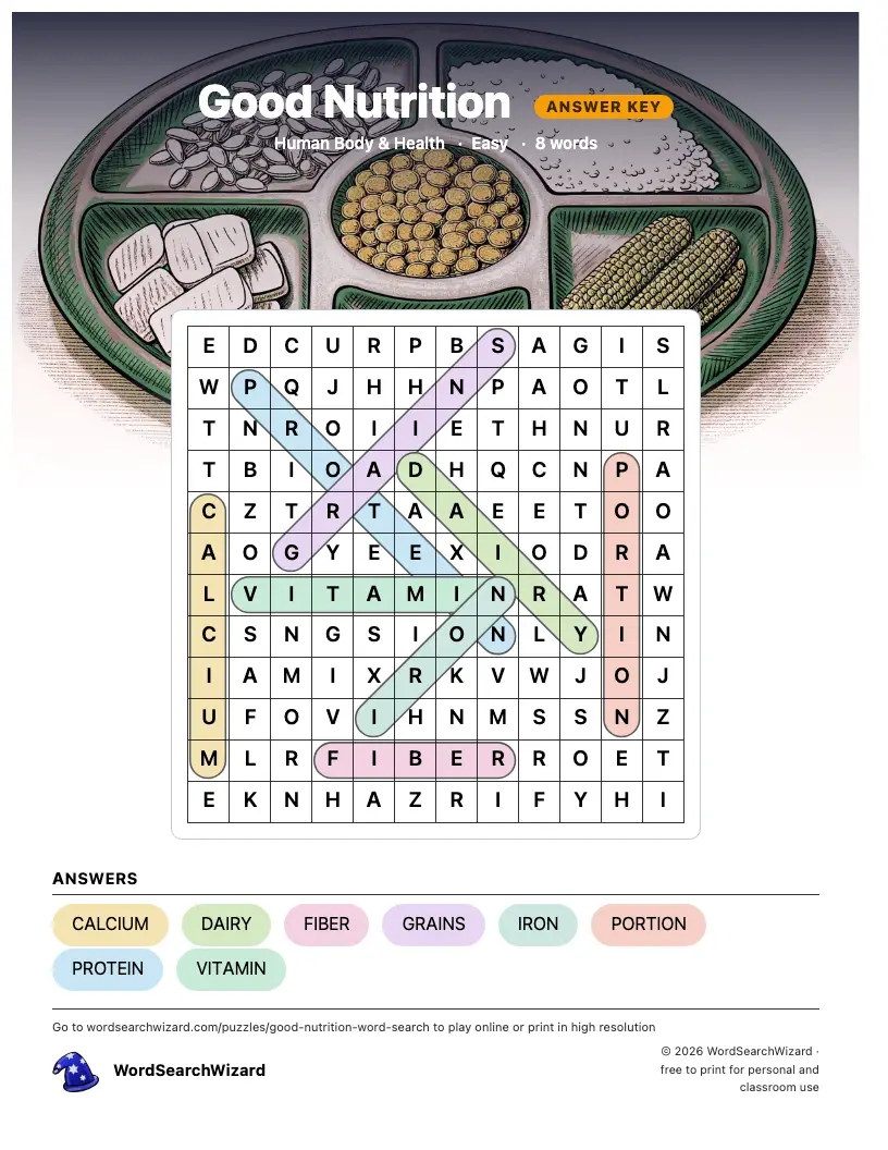 Good Nutrition word search answer key, all 8 words marked