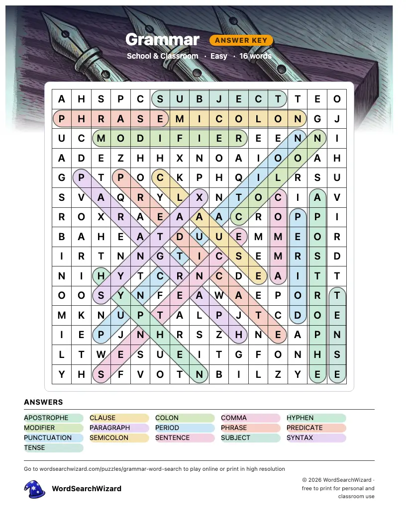 Grammar word search answer key, all 16 words marked