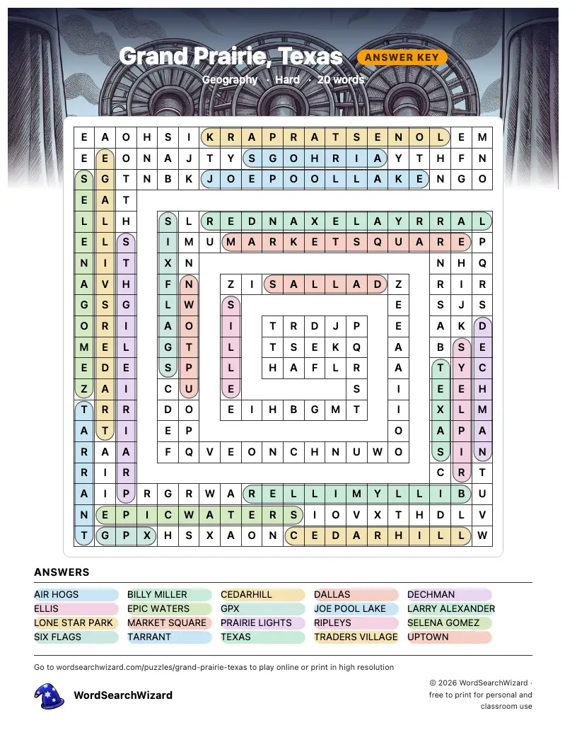 Grand Prairie, Texas word search answer key, all 20 words marked