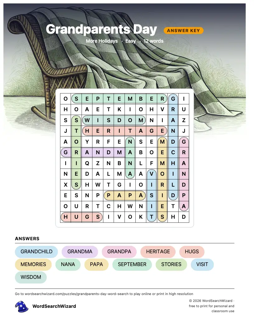 Grandparents Day word search answer key, all 12 words marked