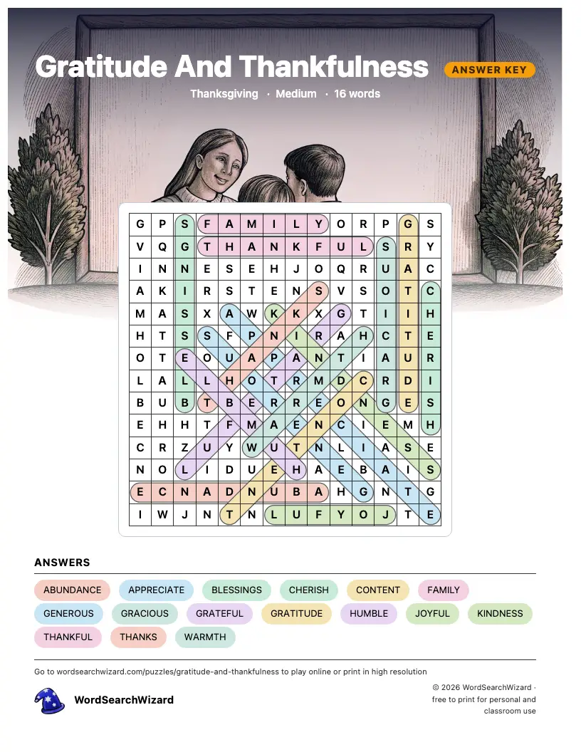 Gratitude And Thankfulness word search answer key, all 16 words marked