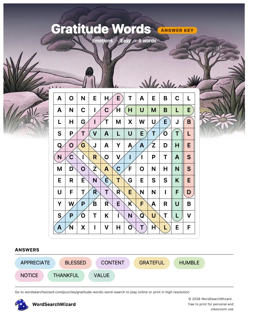 Gratitude Words word search answer key, all 8 words marked