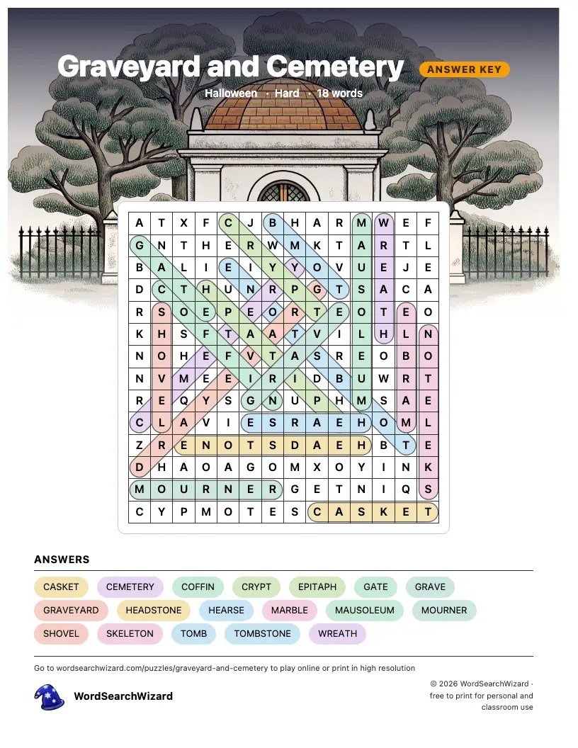 Graveyard and Cemetery word search answer key, all 18 words marked