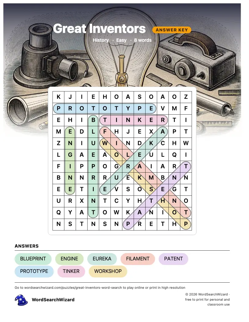 Great Inventors word search answer key, all 8 words marked