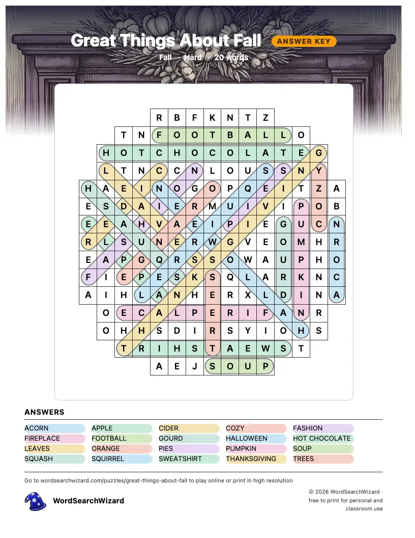 Great Things About Fall word search answer key, all 20 words marked