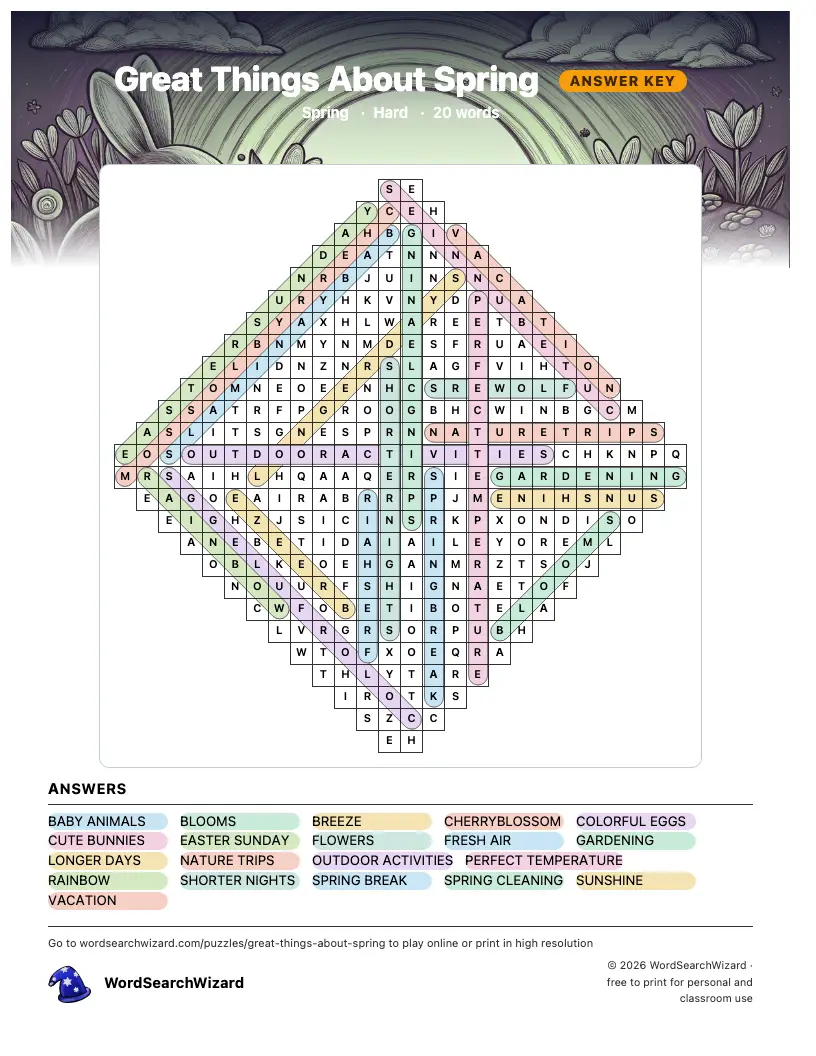 Great Things About Spring word search answer key, all 20 words marked