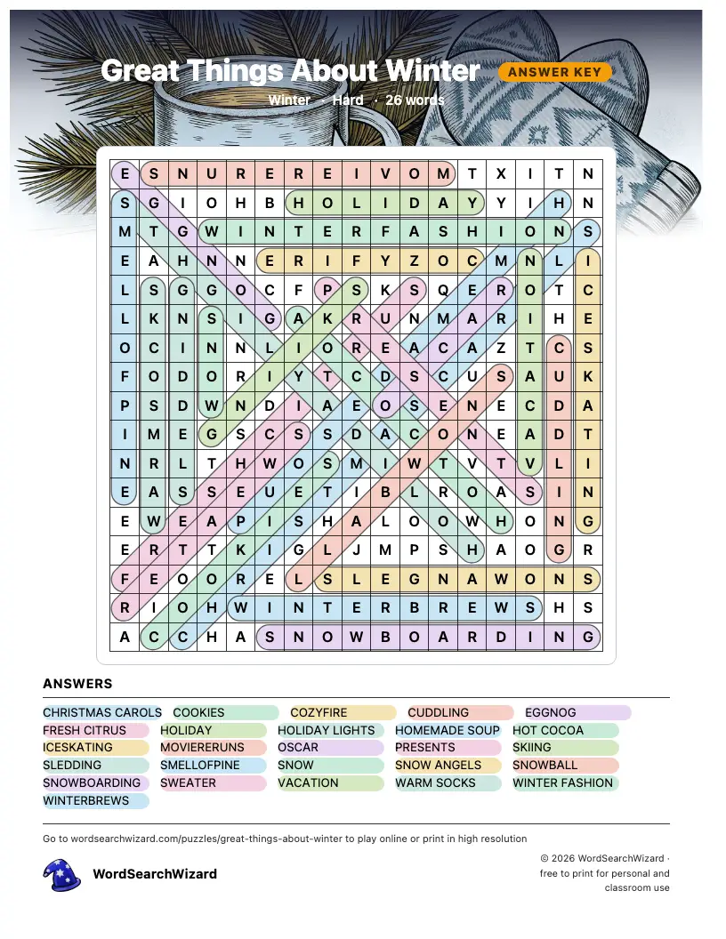 Great Things About Winter word search answer key, all 26 words marked