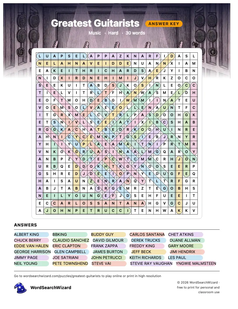 Greatest Guitarists word search answer key, all 30 words marked