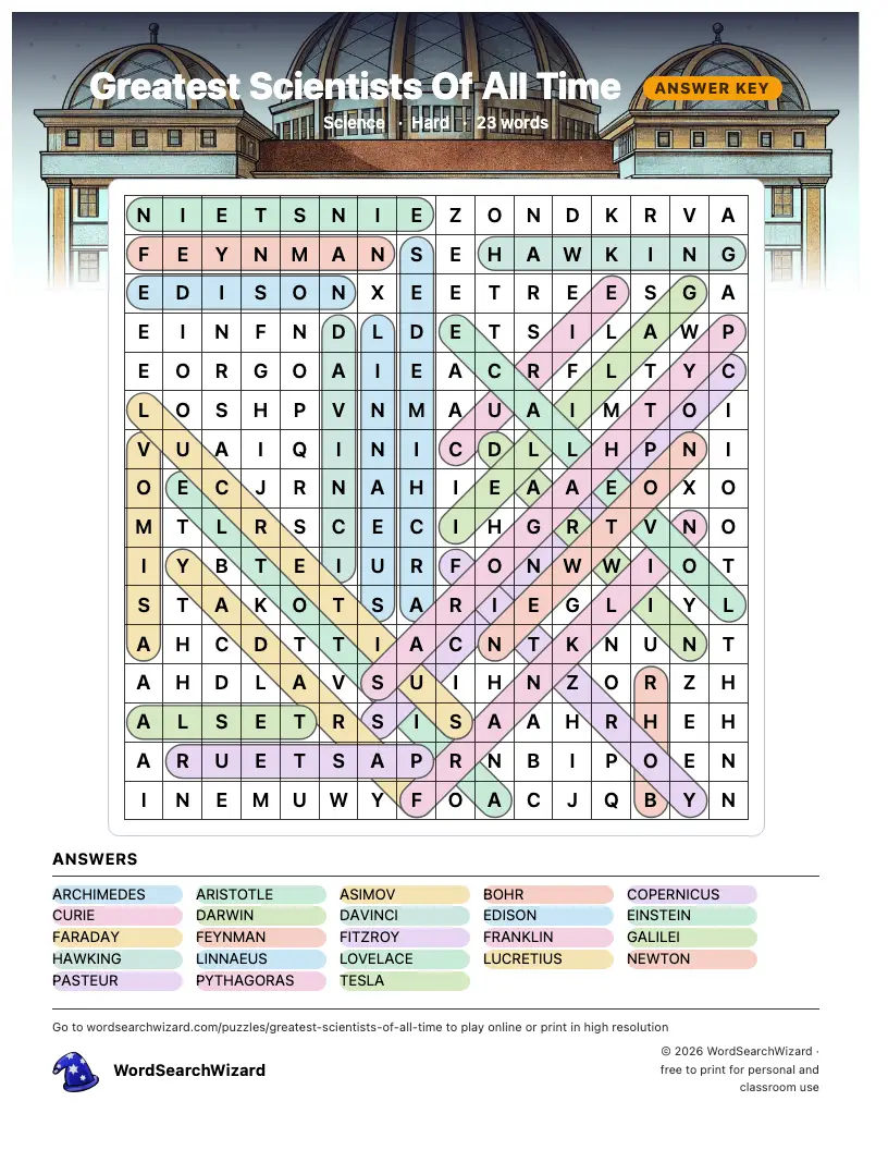 Greatest Scientists Of All Time word search answer key, all 23 words marked