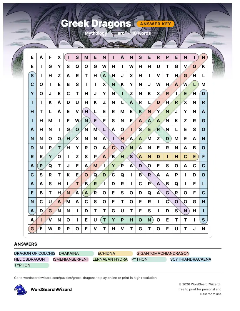 Greek Dragons word search answer key, all 10 words marked