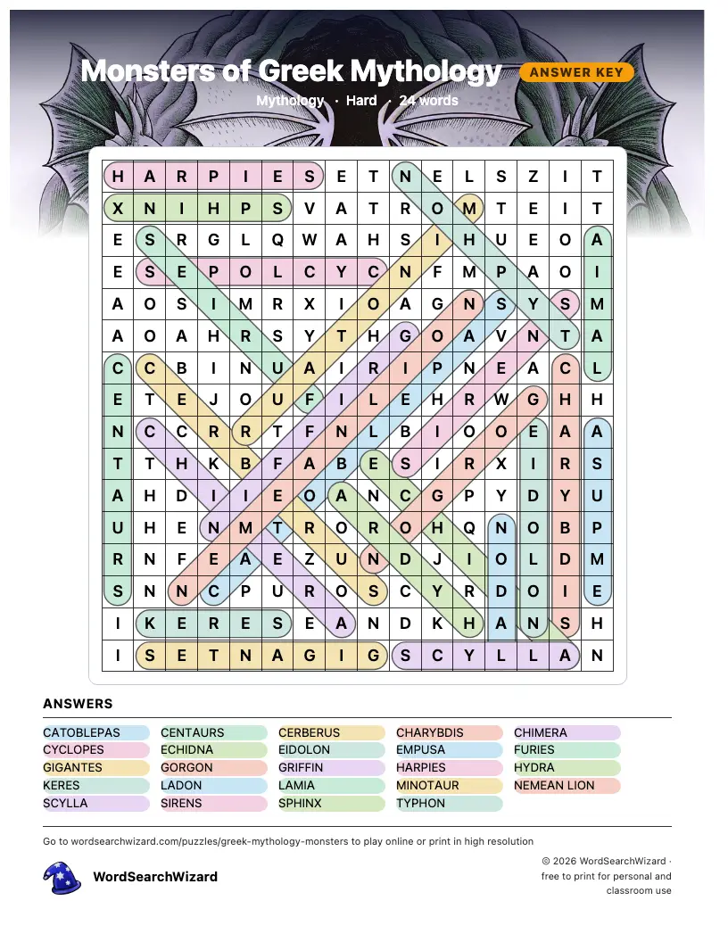 Monsters of Greek Mythology word search answer key, all 24 words marked