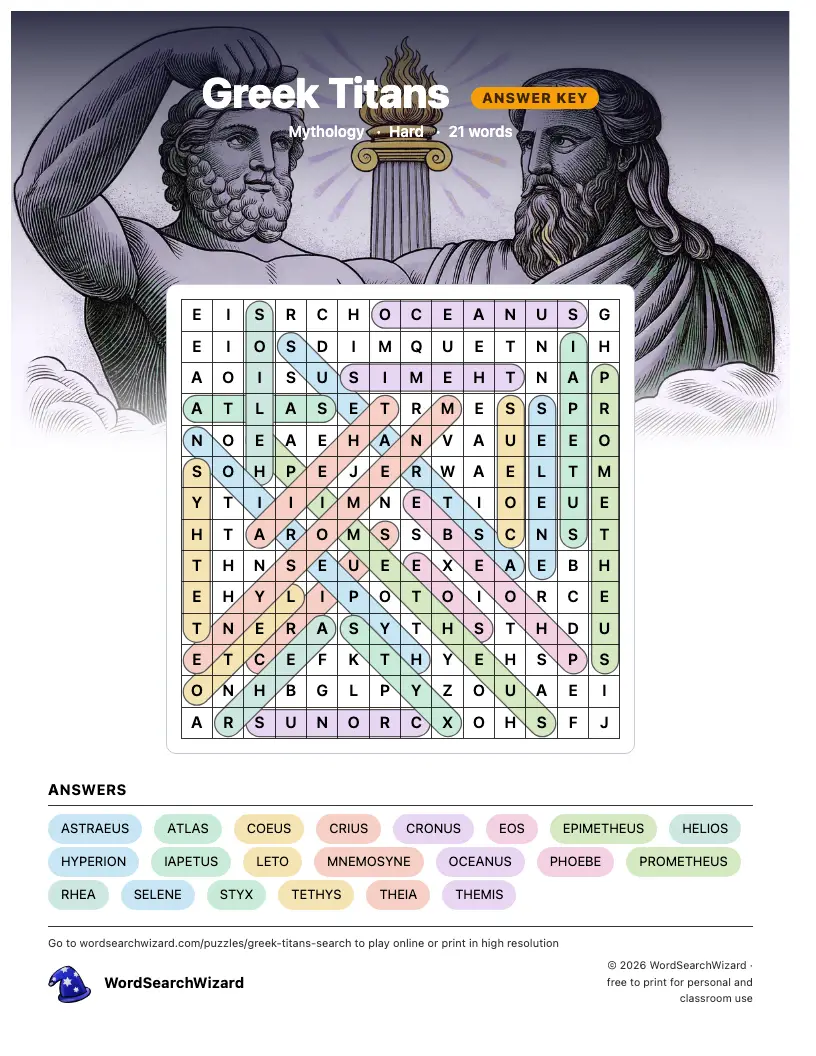 Greek Titans word search answer key, all 21 words marked