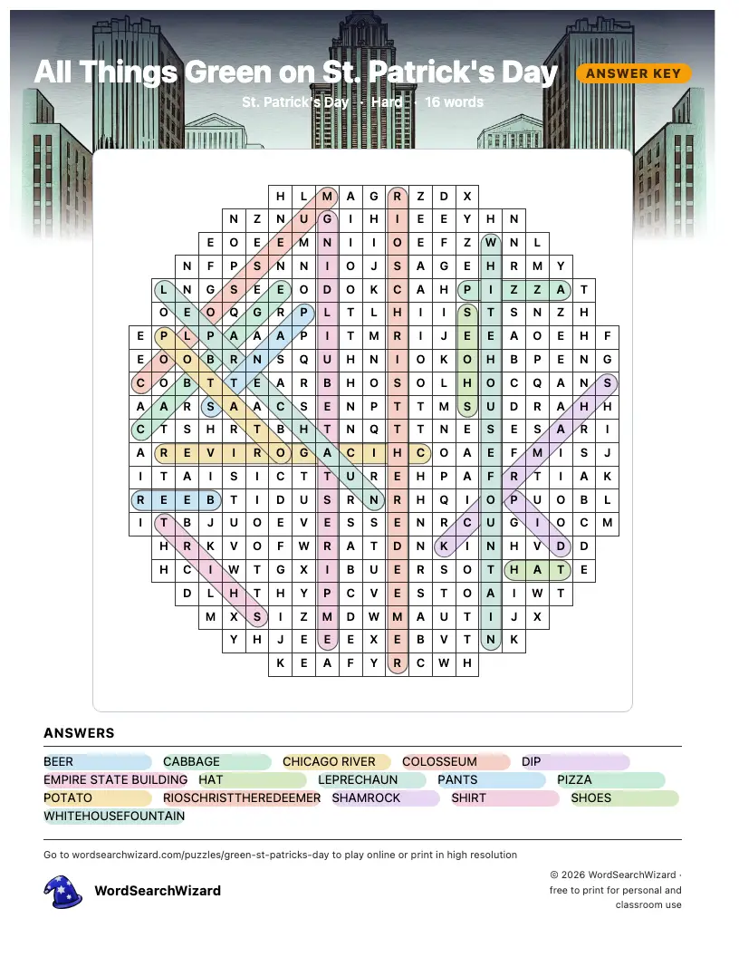 All Things Green on St. Patrick's Day word search answer key, all 16 words marked