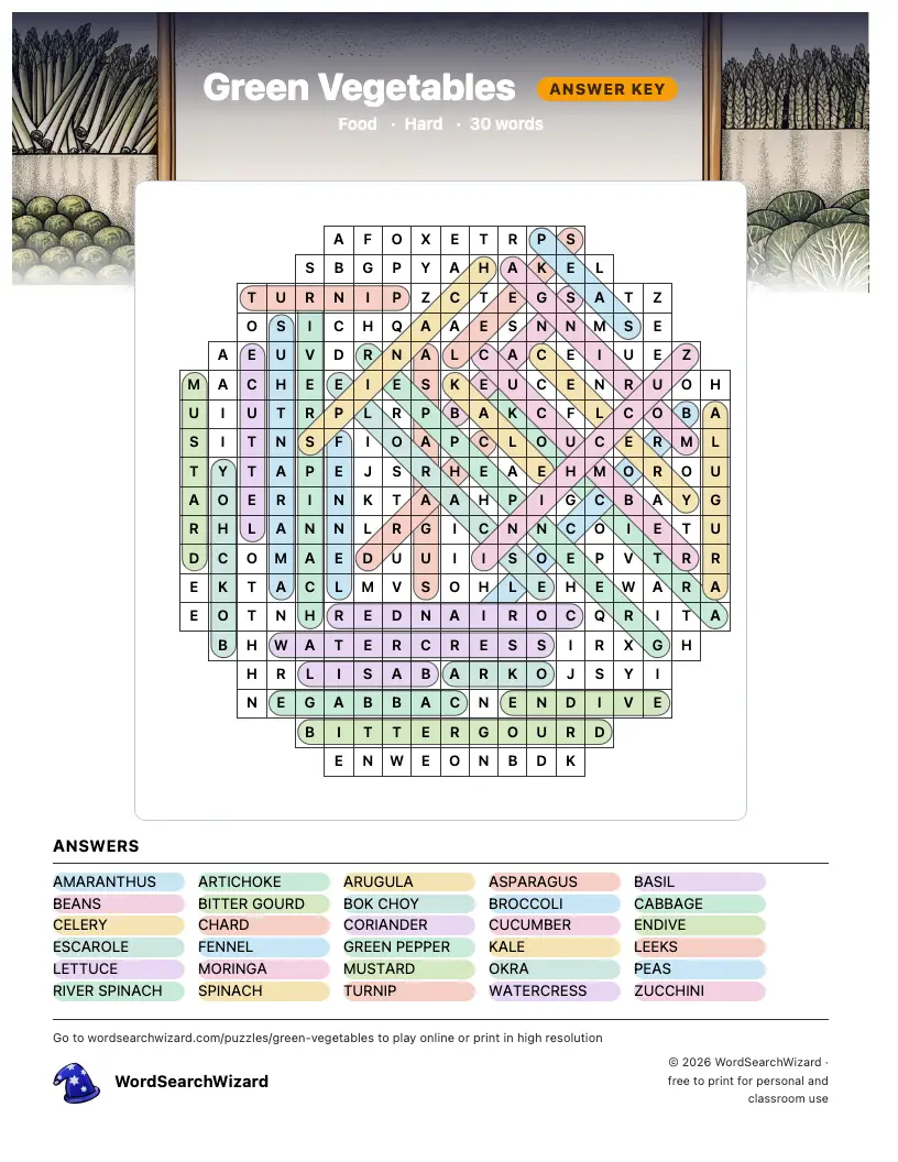 Green Vegetables word search answer key, all 30 words marked