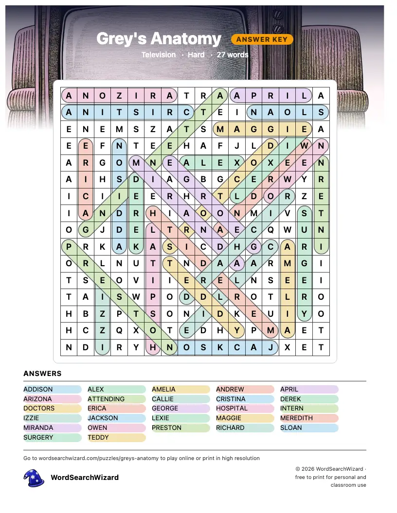 Grey's Anatomy word search answer key, all 27 words marked