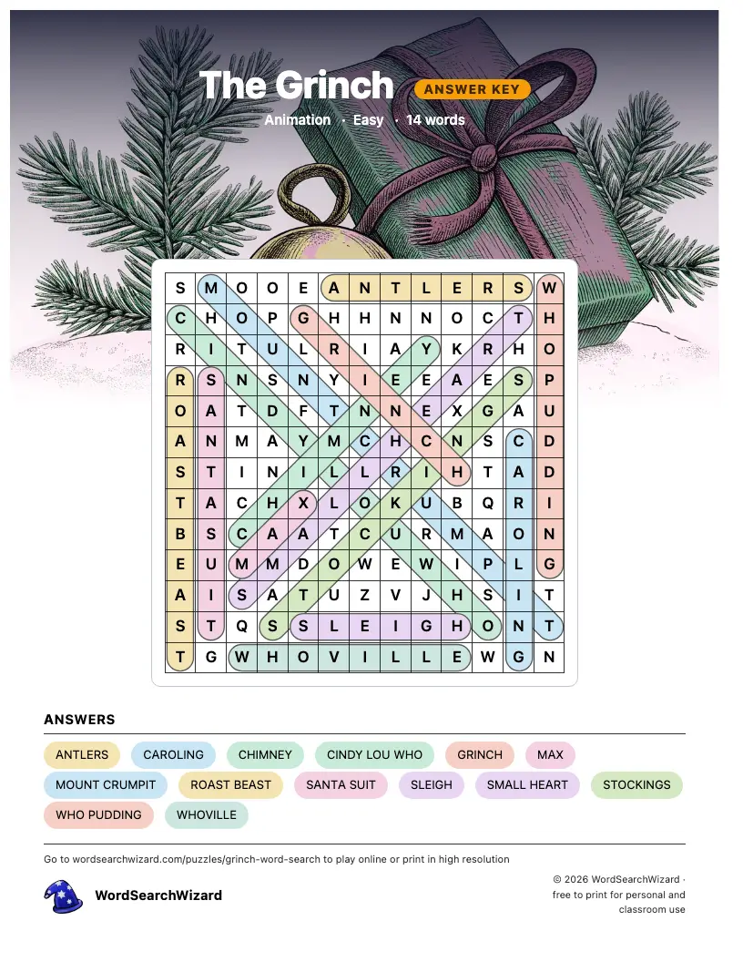 The Grinch word search answer key, all 14 words marked