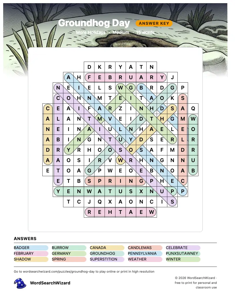 Groundhog Day word search answer key, all 15 words marked