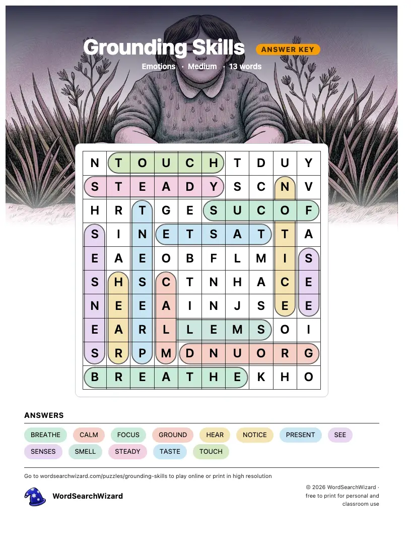 Grounding Skills word search answer key, all 13 words marked