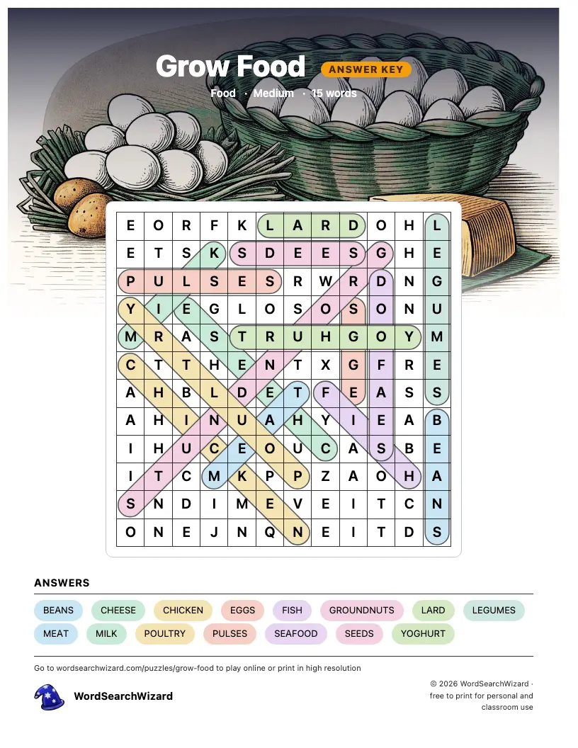 Grow Food word search answer key, all 15 words marked