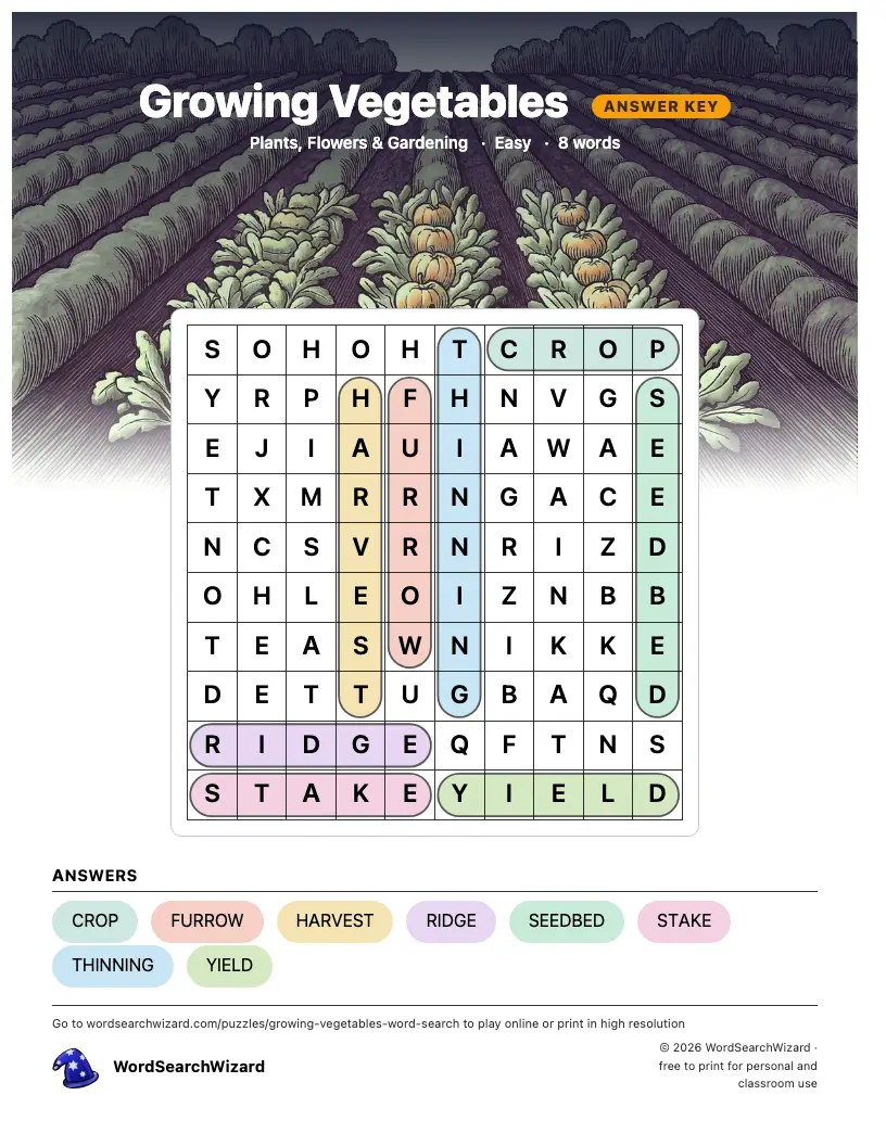 Growing Vegetables word search answer key, all 8 words marked