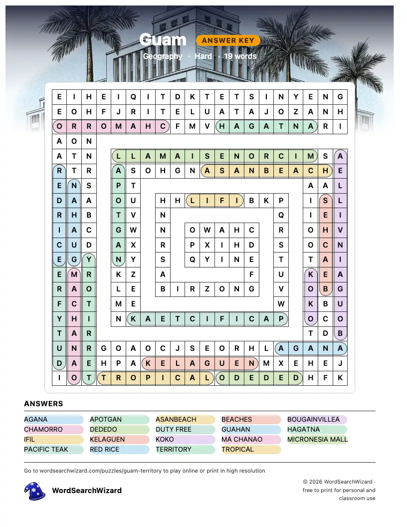 Guam word search answer key, all 19 words marked