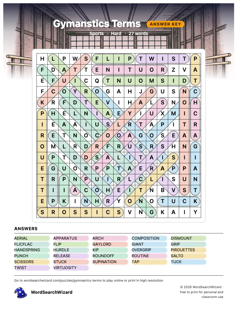 Gymanstics Terms word search answer key, all 27 words marked