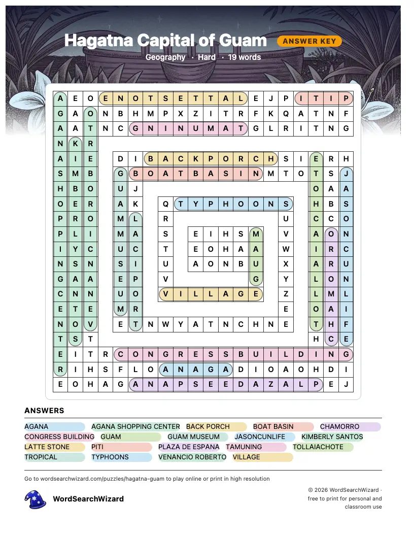Hagatna Capital of Guam word search answer key, all 19 words marked