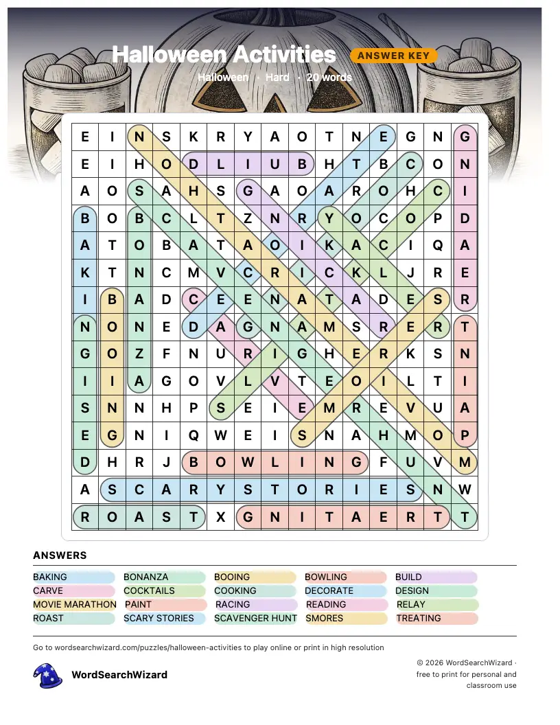 Halloween Activities word search answer key, all 20 words marked