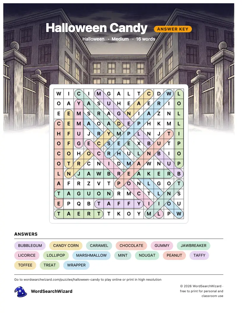 Halloween Candy word search answer key, all 16 words marked