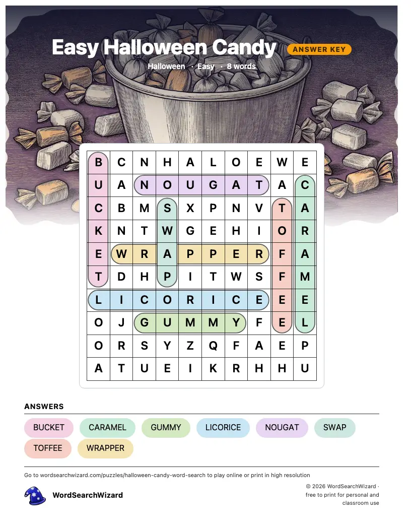 Easy Halloween Candy word search answer key, all 8 words marked
