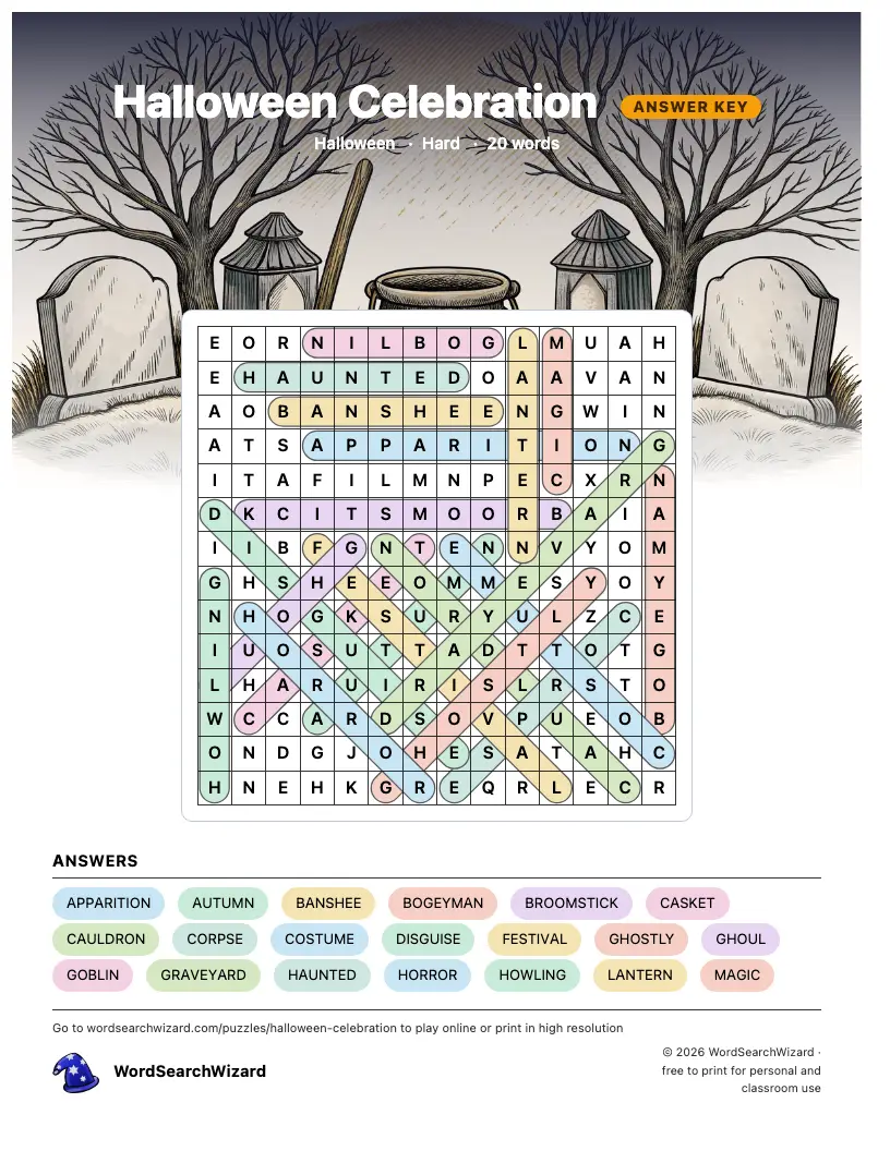 Halloween Celebration word search answer key, all 20 words marked
