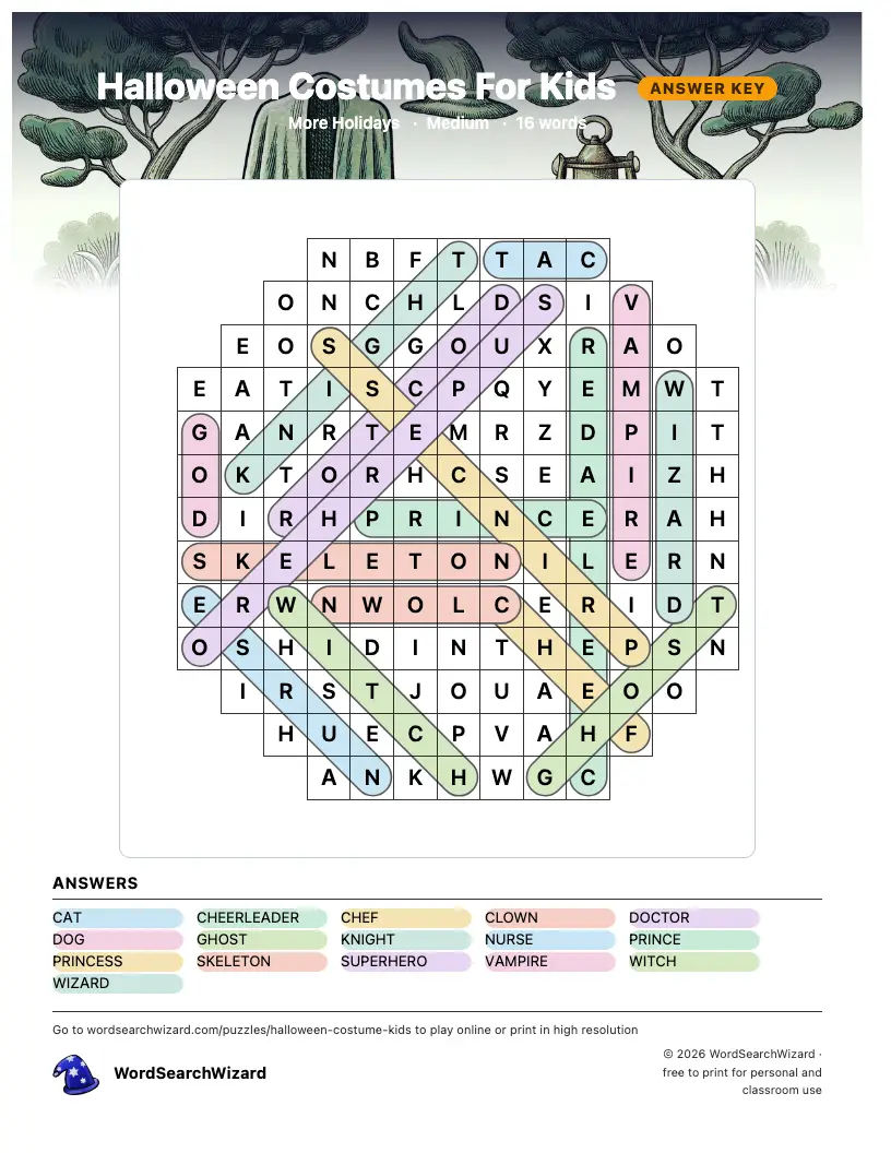 Halloween Costumes For Kids word search answer key, all 16 words marked