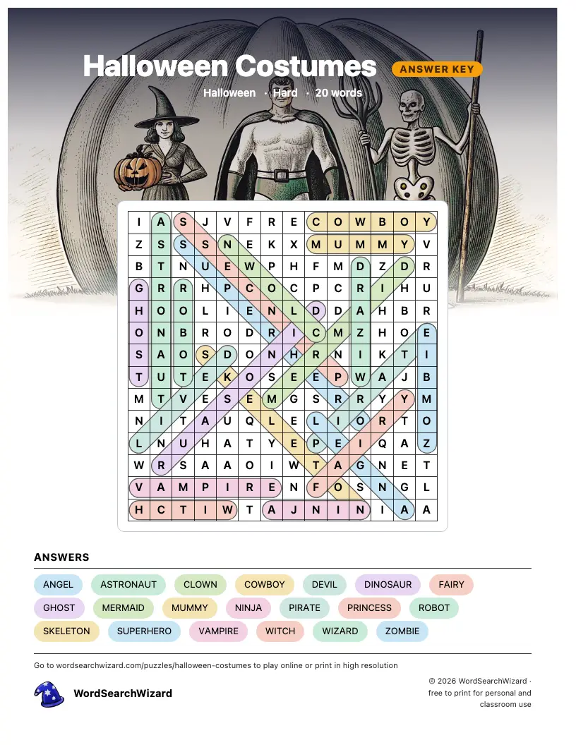 Halloween Costumes word search answer key, all 20 words marked