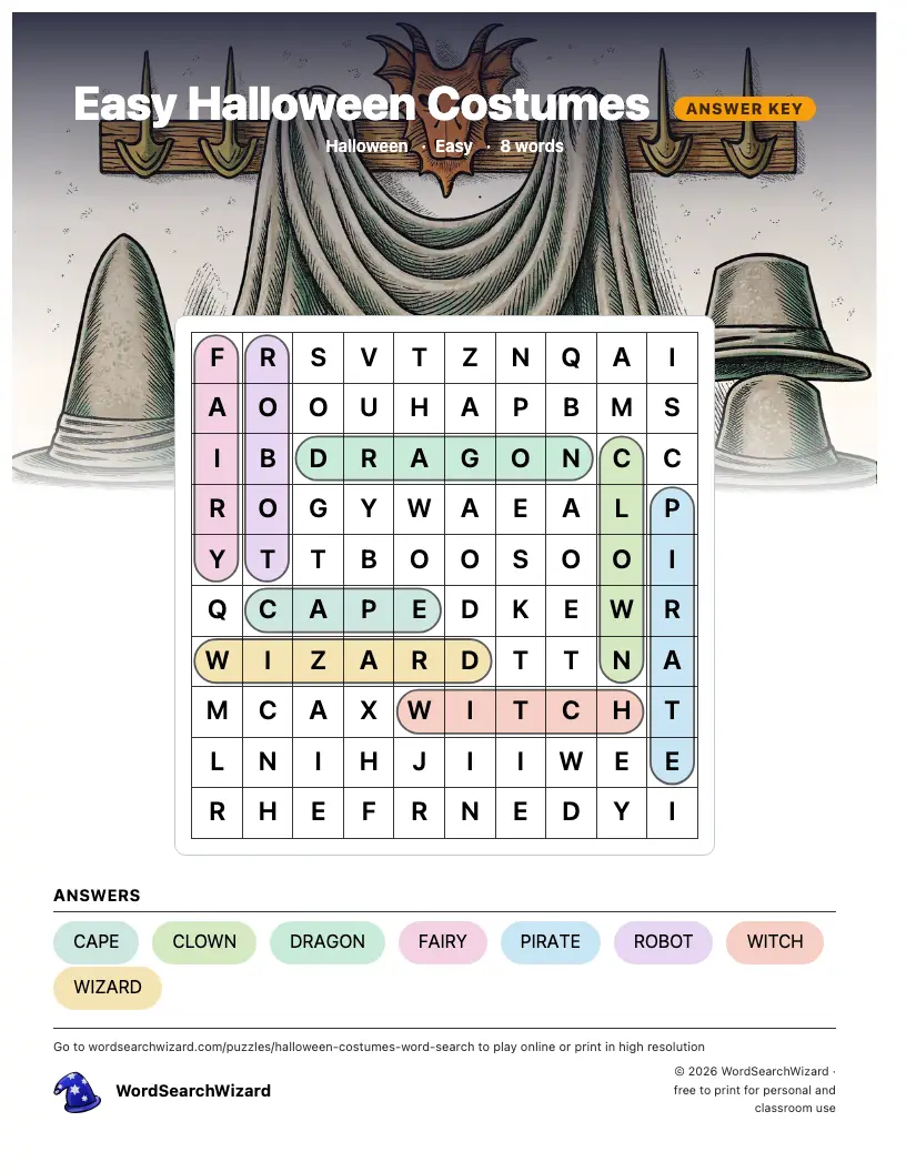 Easy Halloween Costumes word search answer key, all 8 words marked