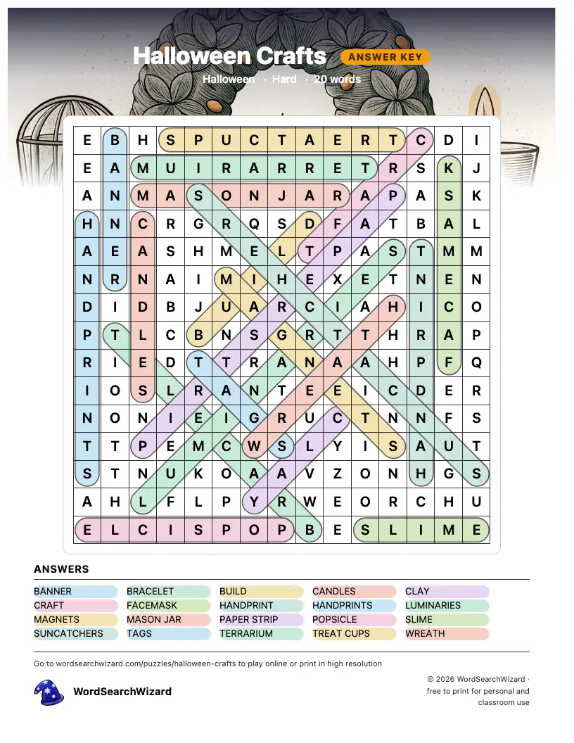 Halloween Crafts word search answer key, all 20 words marked
