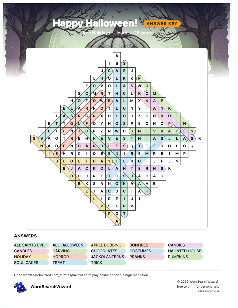 Happy Halloween! word search answer key, all 18 words marked