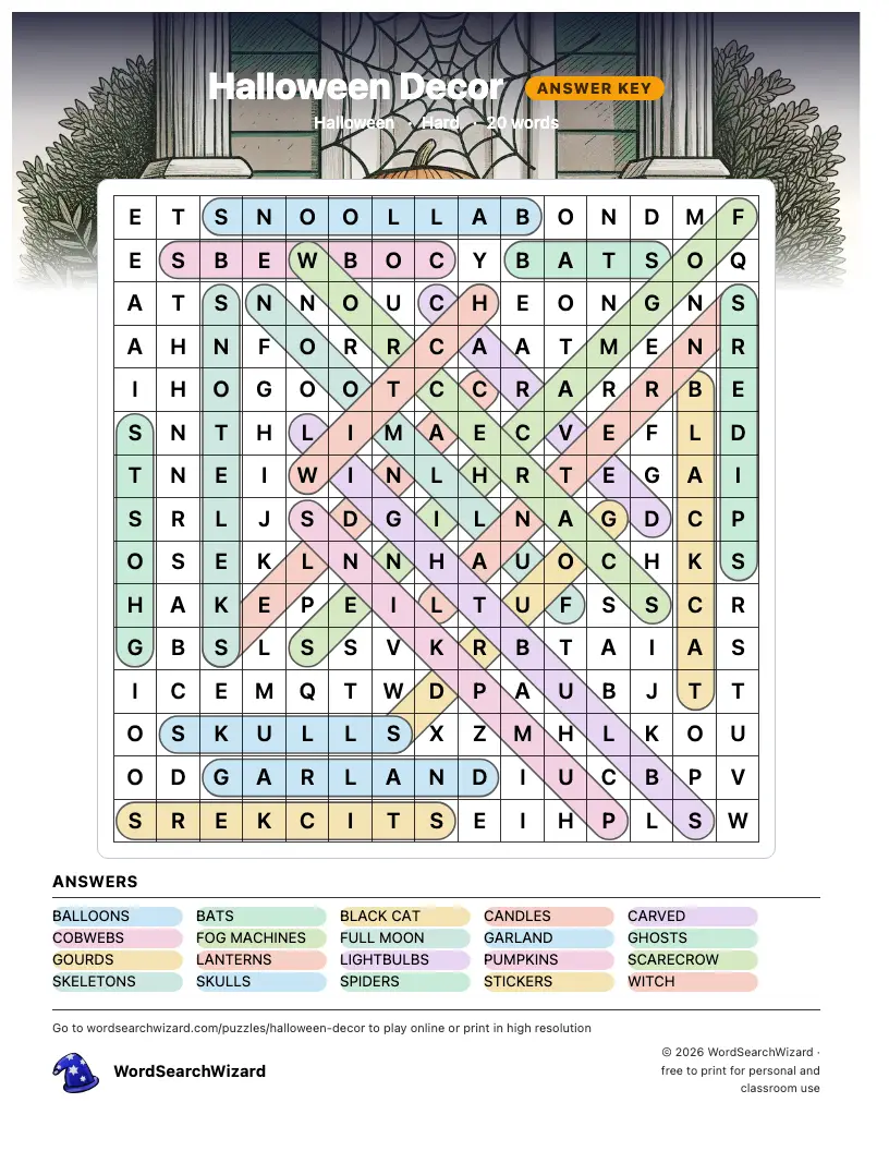 Halloween Decor word search answer key, all 20 words marked