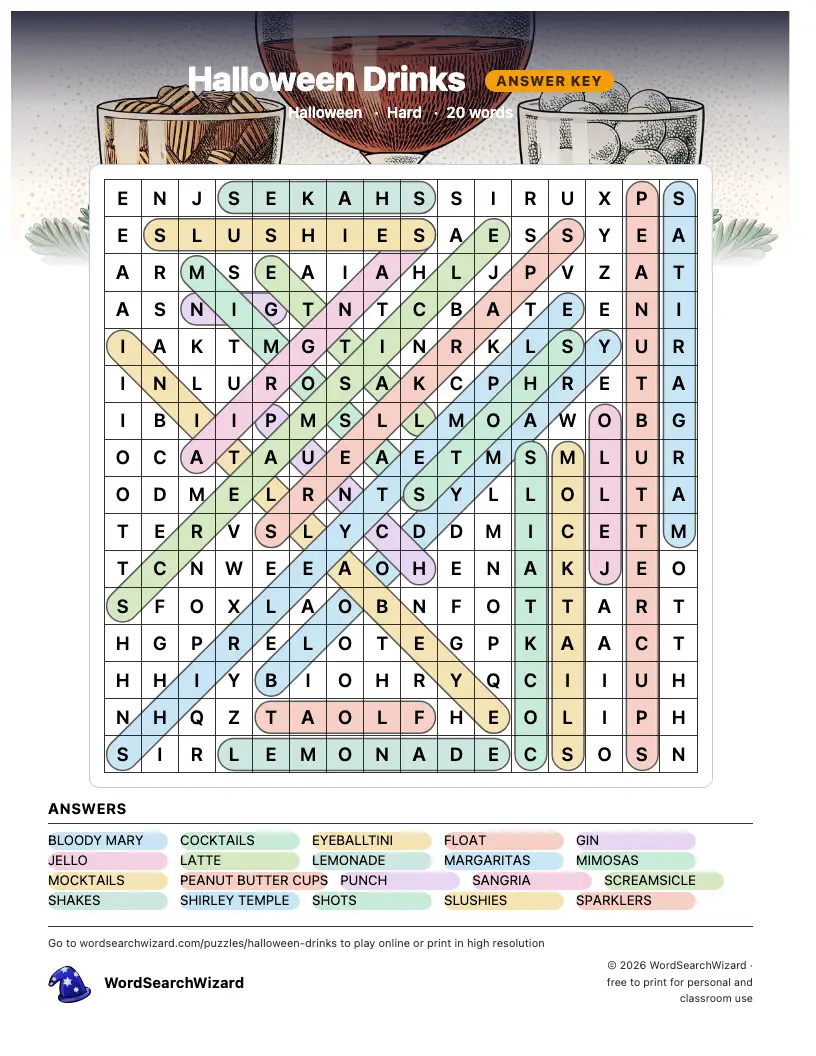 Halloween Drinks word search answer key, all 20 words marked