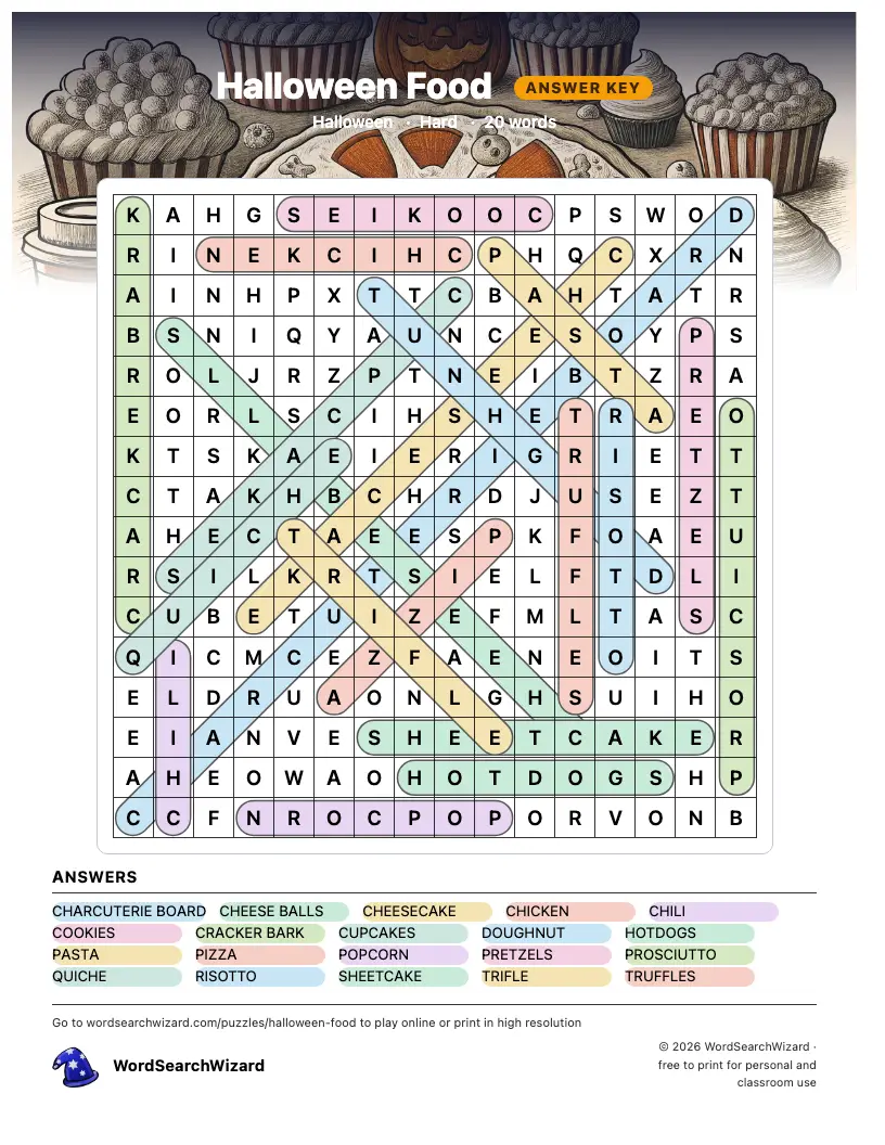 Halloween Food word search answer key, all 20 words marked