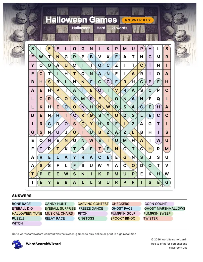 Halloween Games word search answer key, all 21 words marked