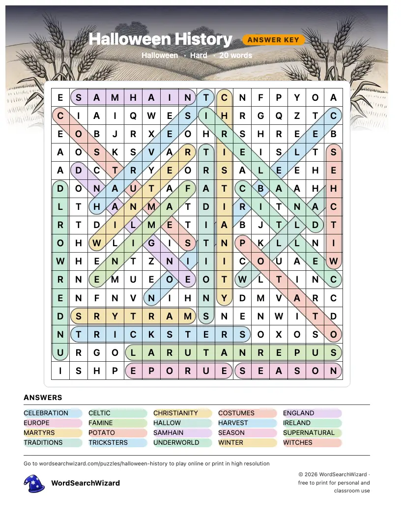 Halloween History word search answer key, all 20 words marked