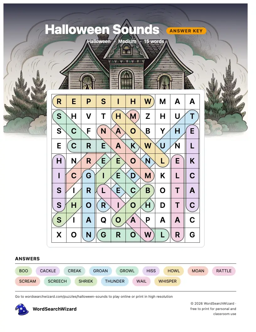 Halloween Sounds word search answer key, all 15 words marked