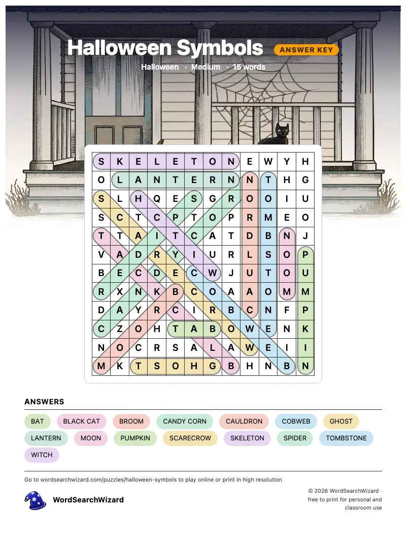 Halloween Symbols word search answer key, all 15 words marked