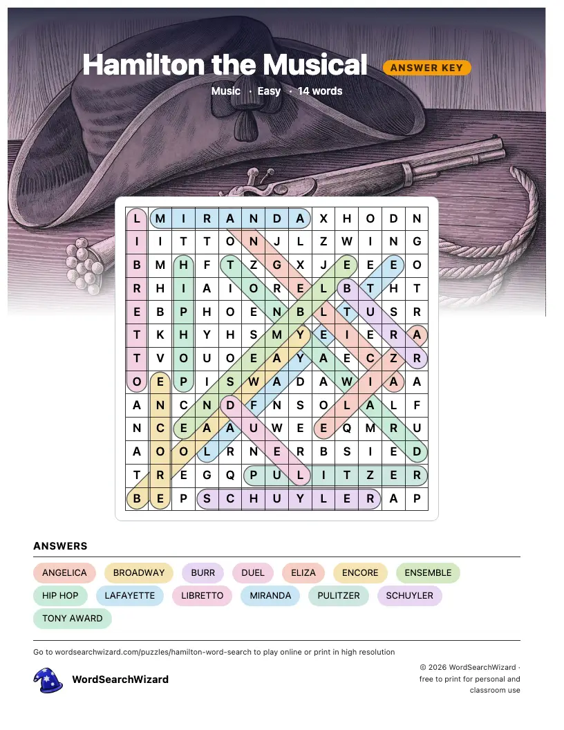 Hamilton the Musical word search answer key, all 14 words marked