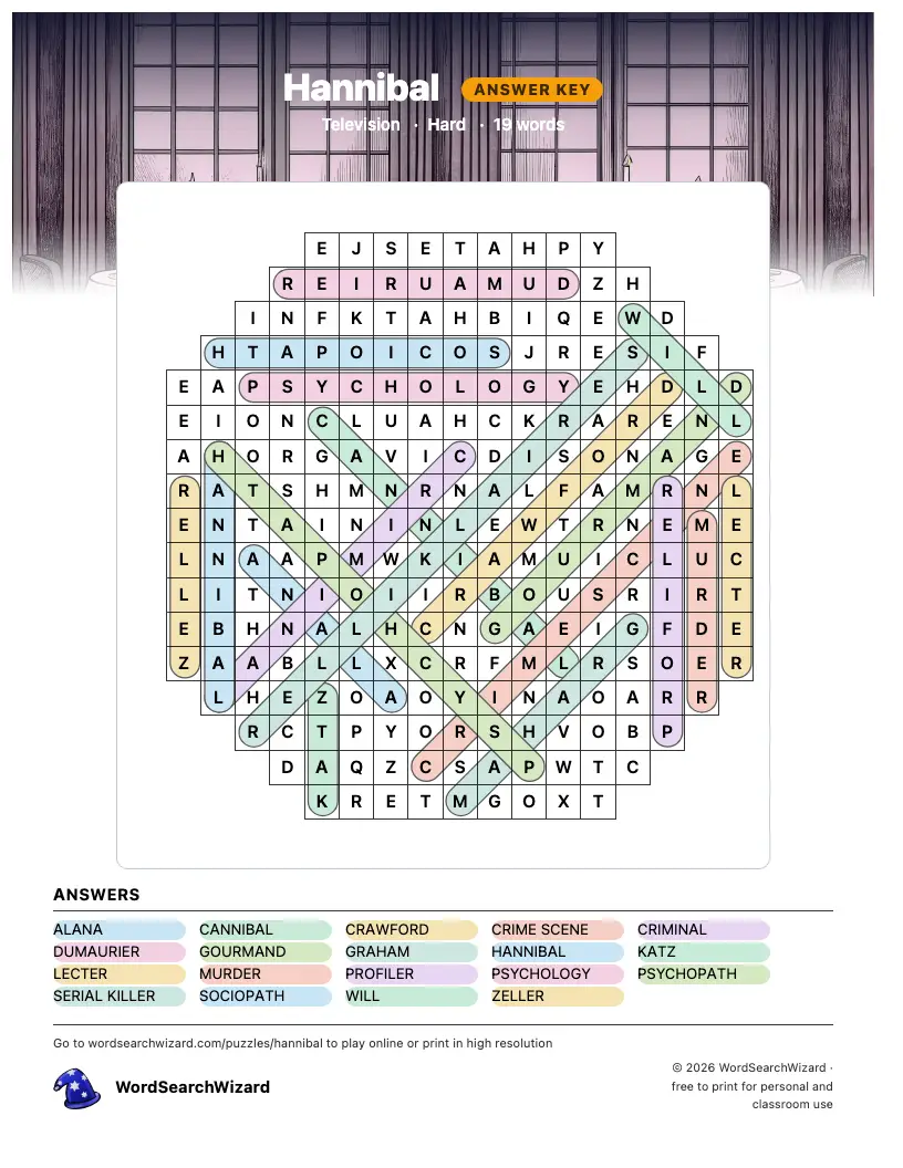 Hannibal word search answer key, all 19 words marked