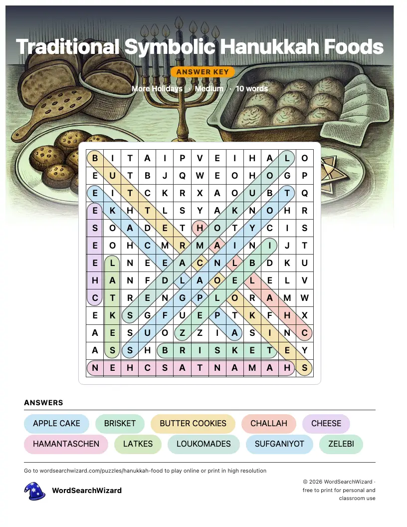 Traditional Symbolic Hanukkah Foods word search answer key, all 10 words marked